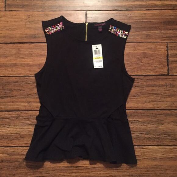 Material Girl Top Black Peplum with Side Cut Outs - Picture 2 of 4